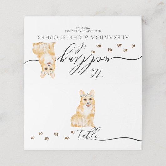 Corgi puppy hond eigenaar bruiloft script tabel plaatskaartje (Buitenkant ongevouwen)