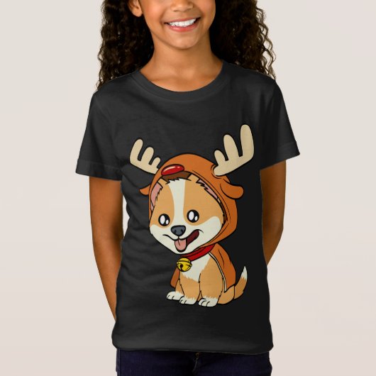 Corgi puppy hond gekleed als rendieren Xmas T-shirt (Voorkant)