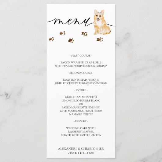Corgi puppy Honden Huwelijksfeest Menu (Voorkant)