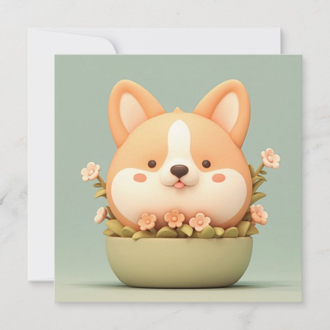 Corgi Puppy in Cute 3D Clay Floral Bowl Postcard (Voorkant)