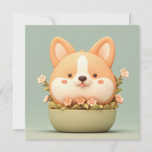 Corgi Puppy in Mooie 3D Klei Bloemen Kom Postkaart
