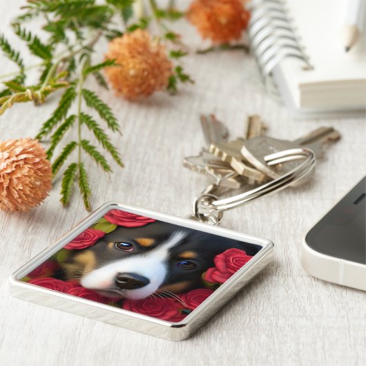 Corgi Puppy in rode rozen Sleutelhanger (Zijkant)