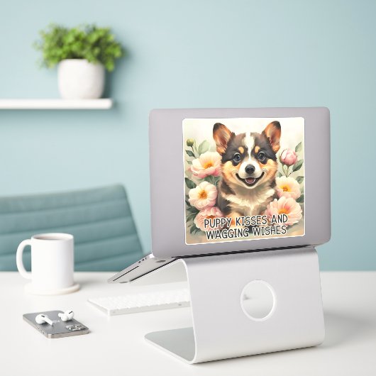 Corgi Puppy Kisses - Moederdag Sticker (Laptop op bureau)