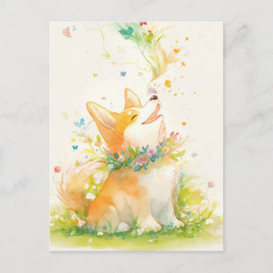 Corgi Puppy met Bloemenketting en Vlinders Briefkaart