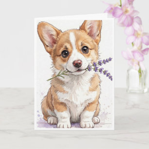 Corgi-puppy met een tak lavendel kaart