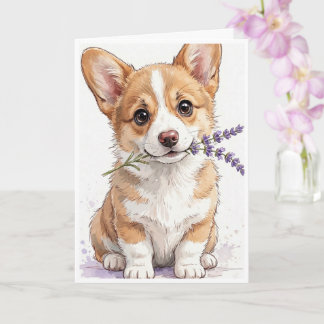 Corgi-puppy met een tak lavendel kaart