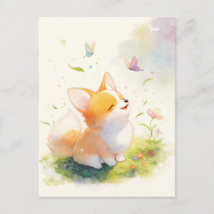 Corgi Puppy met Vlinders in Zonnige Weide Briefkaart