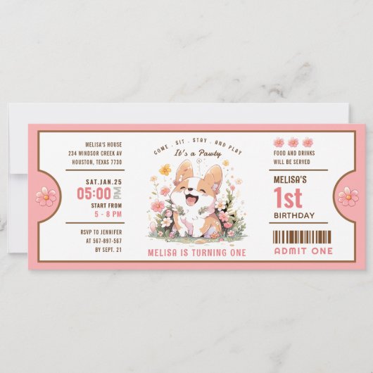 Corgi Puppy Verjaardag Ticket Uitnodiging | Schatt (Voorkant)