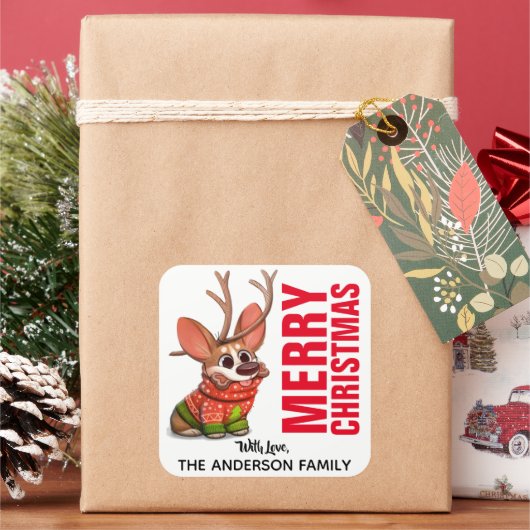 Corgi Reindeer Kerstlabel Vierkante Sticker (Feestdagen)