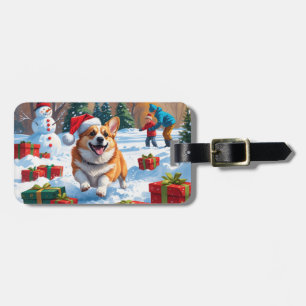 Corgi Rent in de Sneeuw met Kerstmuts Bagagelabel