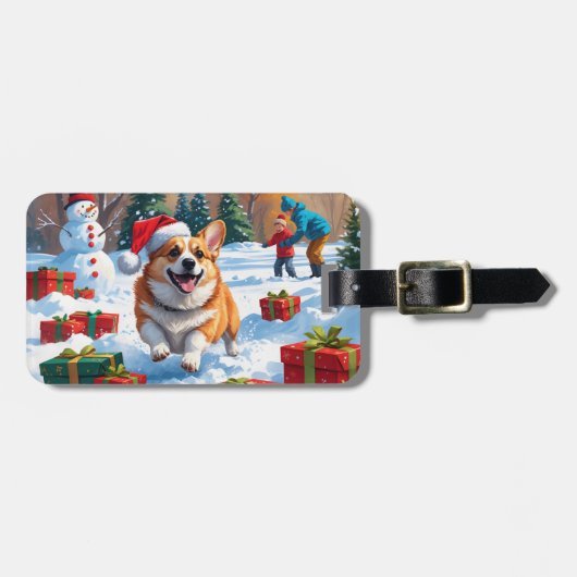 Corgi Rent in de Sneeuw met Kerstmuts Bagagelabel (Voorkant horizontaal)