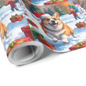 Corgi Rent in de Sneeuw met Kerstmuts Cadeaupapier (Rol Hoek)