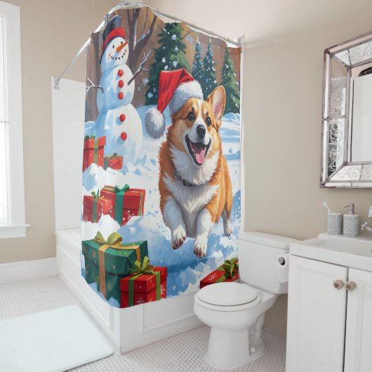 Corgi Rent in de Sneeuw met Kerstmuts Douchegordijn (In situ)
