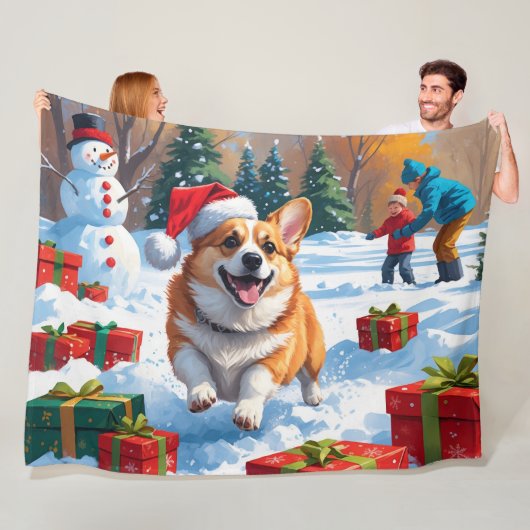 Corgi Rent in de Sneeuw met Kerstmuts Fleece Deken (In situ)
