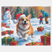 Corgi Rent in de Sneeuw met Kerstmuts Fleece Deken (Voorkant (Horizontaal))