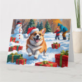 Corgi Rent in de Sneeuw met Kerstmuts Kaart (Voorkant)