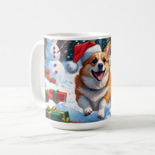 Corgi Rent in de Sneeuw met Kerstmuts Koffiemok