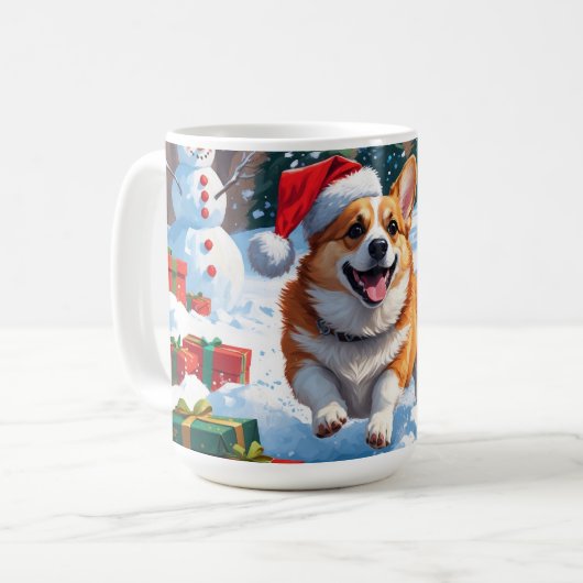 Corgi Rent in de Sneeuw met Kerstmuts Koffiemok (Voorkant links)