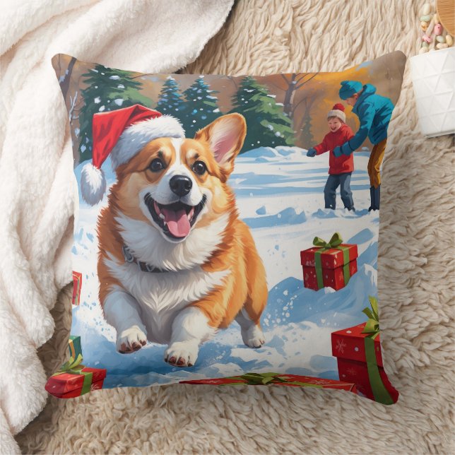 Corgi Rent in de Sneeuw met Kerstmuts Kussen (Deken)