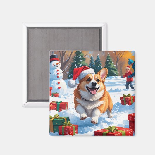 Corgi Rent in de Sneeuw met Kerstmuts Magneet (Voorkant / Achterkant)
