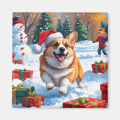 Corgi Rent in de Sneeuw met Kerstmuts Magneet (Voorkant)