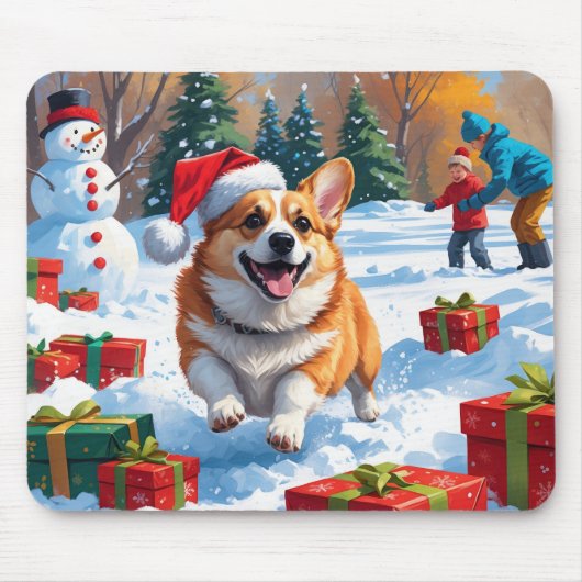 Corgi Rent in de Sneeuw met Kerstmuts Muismat (Voorkant)
