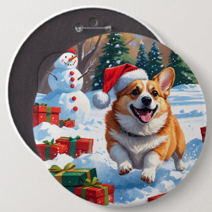Corgi Rent in de Sneeuw met Kerstmuts Ronde Button 6,0 Cm