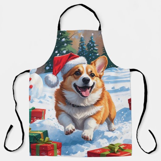 Corgi Rent in de Sneeuw met Kerstmuts Schort (Voorkant)