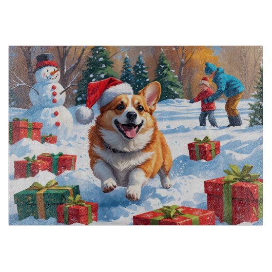 Corgi Rent in de Sneeuw met Kerstmuts Snijplank (Voorkant)