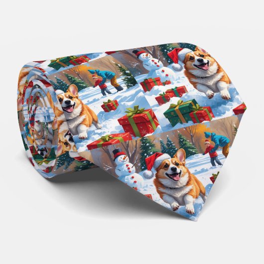 Corgi Rent in de Sneeuw met Kerstmuts Stropdas (Opgerold)