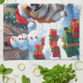 Corgi Rent in de Sneeuw met Kerstmuts Theedoek (Gevouwen)