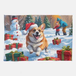 Corgi Rent in de Sneeuw met Kerstmuts Theedoek