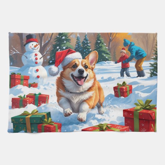 Corgi Rent in de Sneeuw met Kerstmuts Theedoek (Horizontaal)