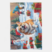 Corgi Rent in de Sneeuw met Kerstmuts Theedoek (Verticaal)