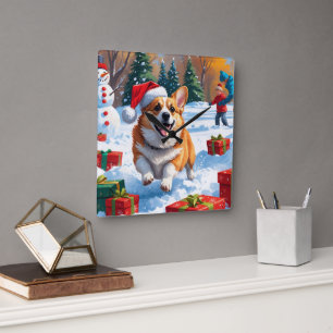 Corgi Rent in de Sneeuw met Kerstmuts Vierkante Klok