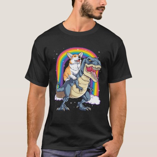 Corgi Riding Dinosaur rex  Men Women Rainbow T-shirt (Voorkant)