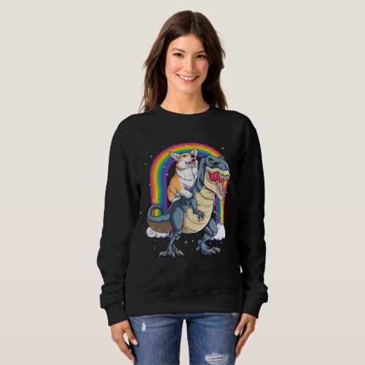 Corgi Riding Dinosaur rex  Men Women Rainbow Trui (Voorkant volledig)