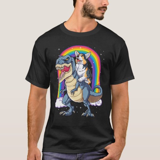Corgi Riding Dinosaur T rex Boys Girls Rainbow Spa T-shirt (Voorkant)