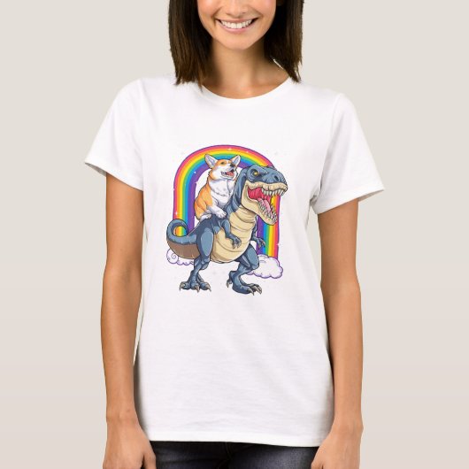 Corgi Riding Dinosaur T rex Funny Space Galaxy Rai T-shirt (Voorkant)