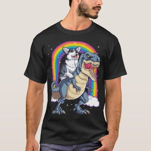 Corgi Riding Dinosaur T rex Shirt Funny Rainbow do (Voorkant)