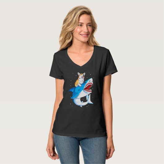 Corgi Riding Shark Jawsome Dog Space Galaxy T-shirt (Voorkant volledig)