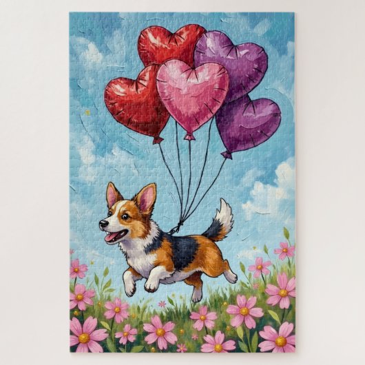 Corgi Running with Valentine's Heart Balloons Legpuzzel (Verticaal)