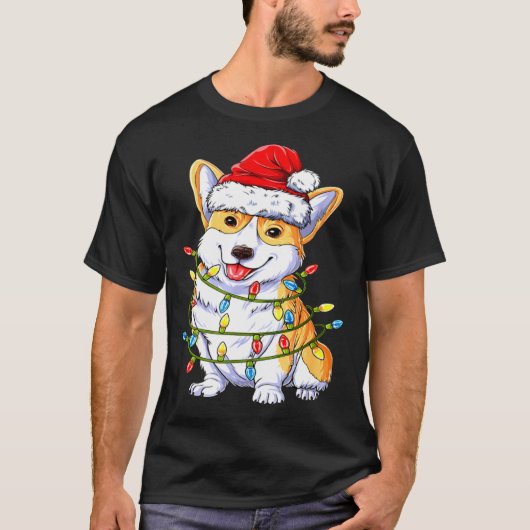 Corgi Santa Christmas Tree Lights Xmas T-shirt (Voorkant)