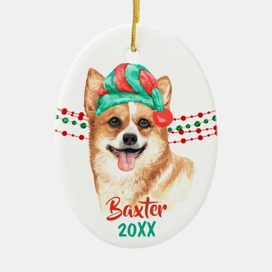Corgi Santa Hat Holiday String Beads Keramisch Ornament (Voorkant)