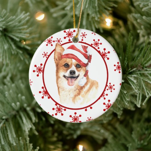 Corgi Santa Hat Red Snowflake Kerstmis Keramisch Ornament (Boom)