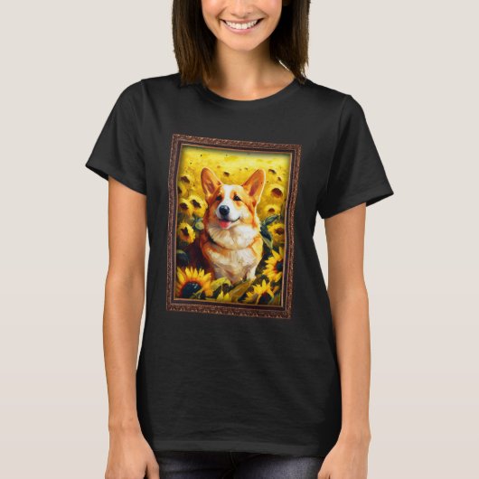 Corgi schilderij Zonnebloem Moeder Moeder Vrouwen  T-shirt (Voorkant)