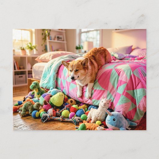 Corgi Slaperig van Bed af Glijdend Briefkaart (Voorkant)