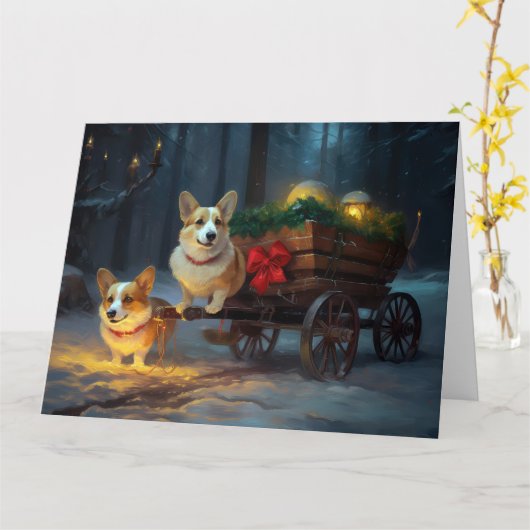 Corgi Sneeuw Slede Kerst Decoratie Kaart (Gele Bloem)