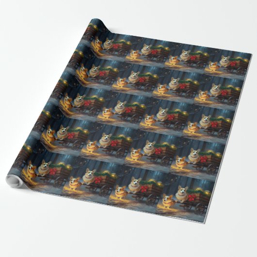 Corgi Sneeuw slee Kerstmis decoratie Cadeaupapier (Uitgerold)