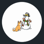 Corgi Snowman Christmas Ronde Sticker<br><div class="desc">This Corgi Snowman Christmas design makes a great gift for a Corgi owner. It features a Pembroke Welsh Corgi dog illustraties.</div>